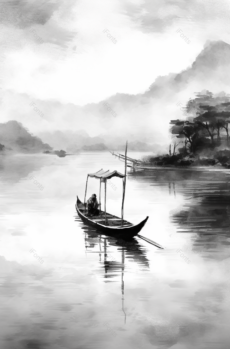 竖版中国风水墨意境山水画湖泊中的小船和坐在船上的人,插画/手绘图,插画/手绘图库,插画/手绘图下载,插画/手绘